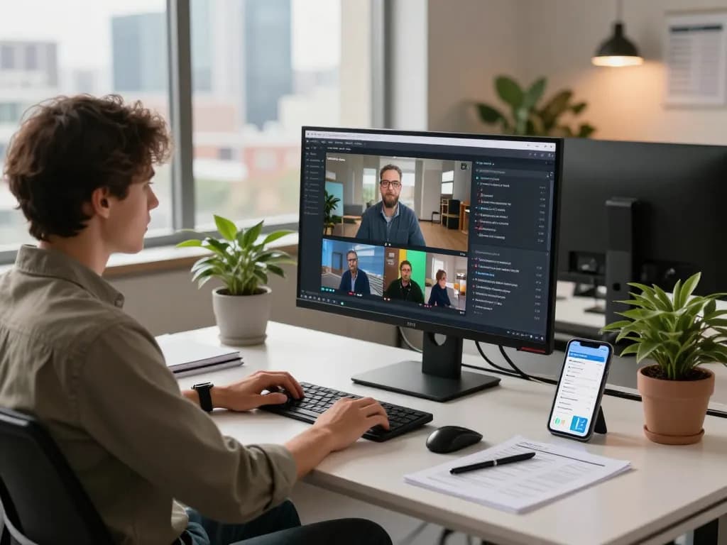 Video to prompt generation setup with an analyst processing video content into AI prompts in a modern office.