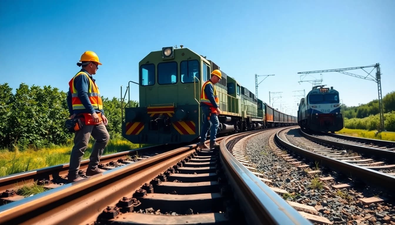 Railroad Maintenance crew actively inspecting railway tracks with safety gear under blue sky.