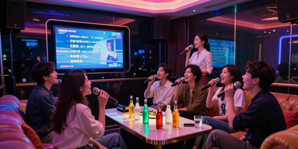 강남가라오케에서 고급스러운 분위기 속에 친구들과 즐거운 시간을 보내는 모습