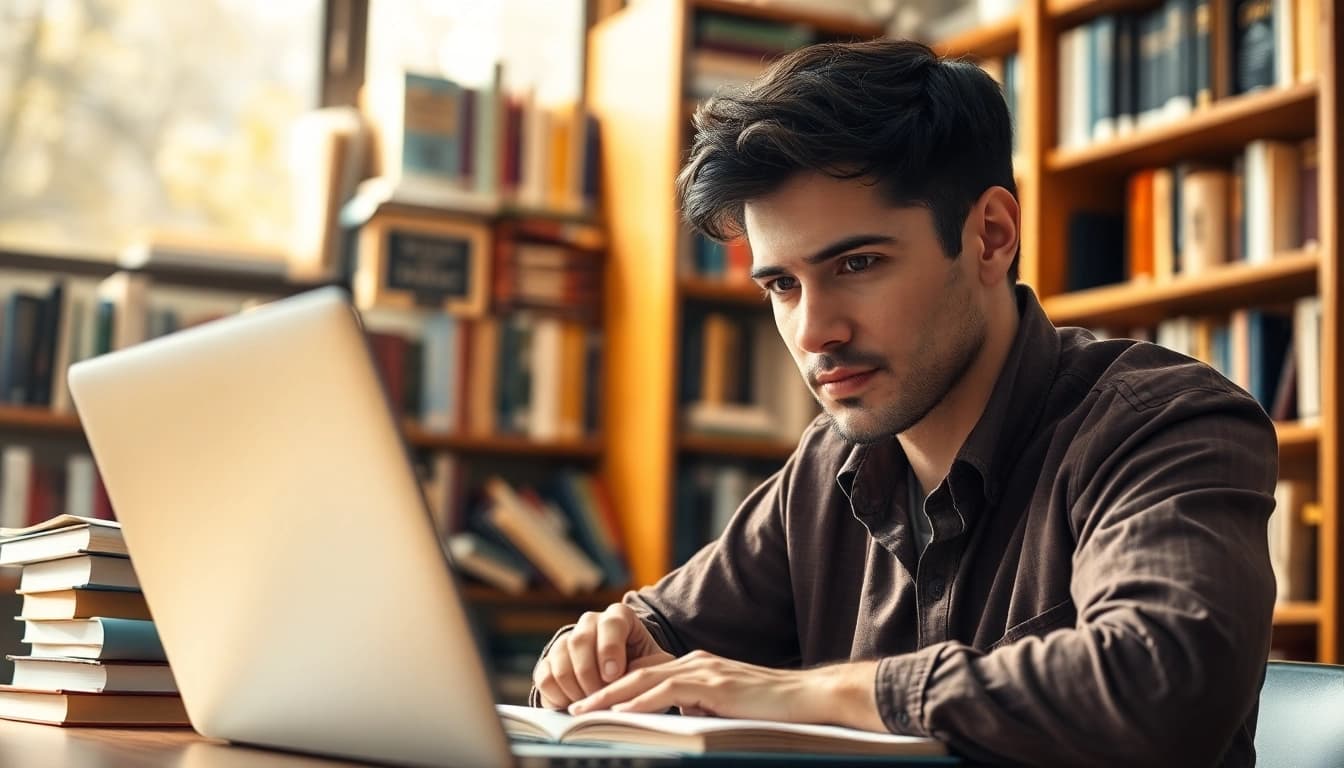 Author focused on writing at a desk, surrounded by books and natural light.