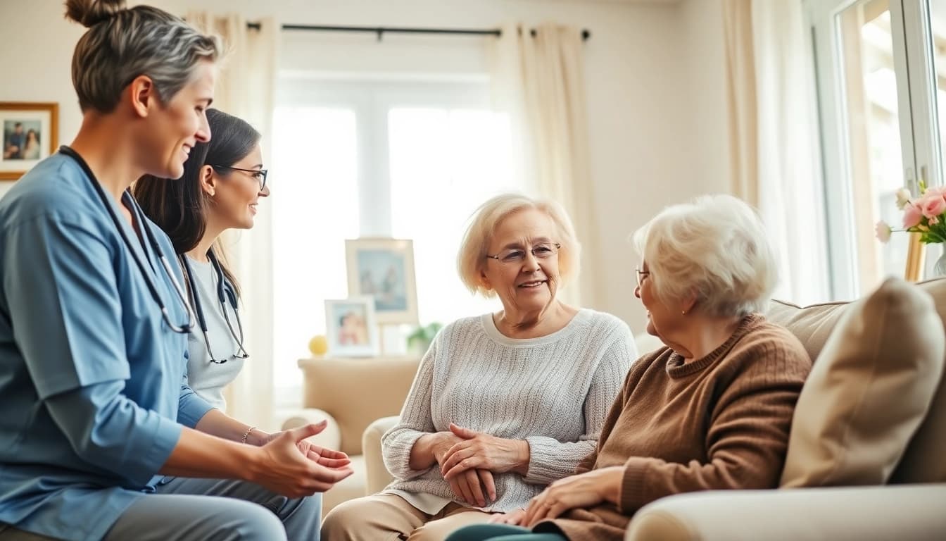 Experience compassionate professionals offering in home health care near me to elderly clients in a warm living room.