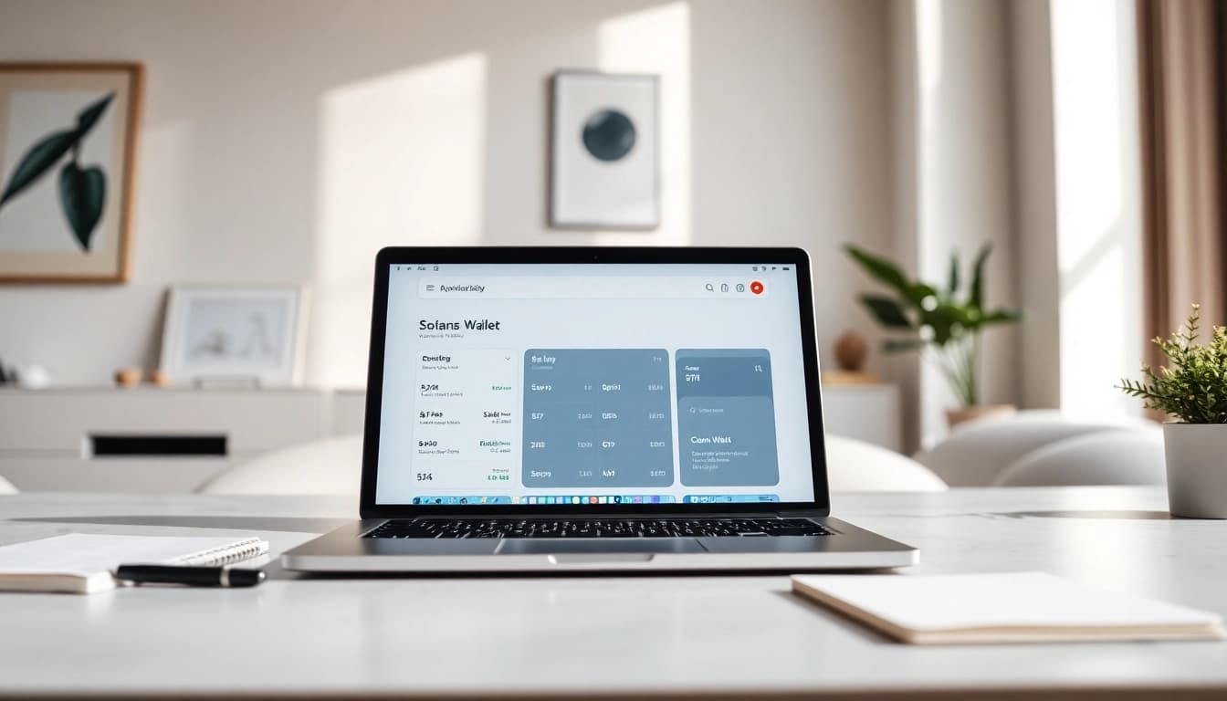 Showcasing a Solana Wallet interface on a modern laptop in a creative workspace.