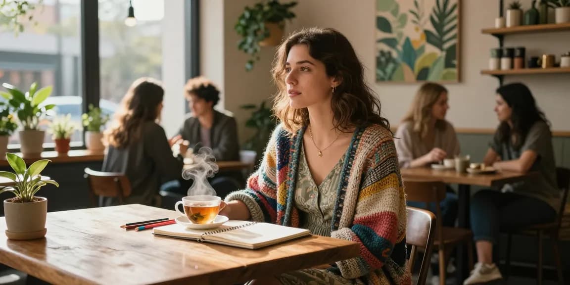 Stylish woman in a handmade cardigan enjoying tea in a cozy café.