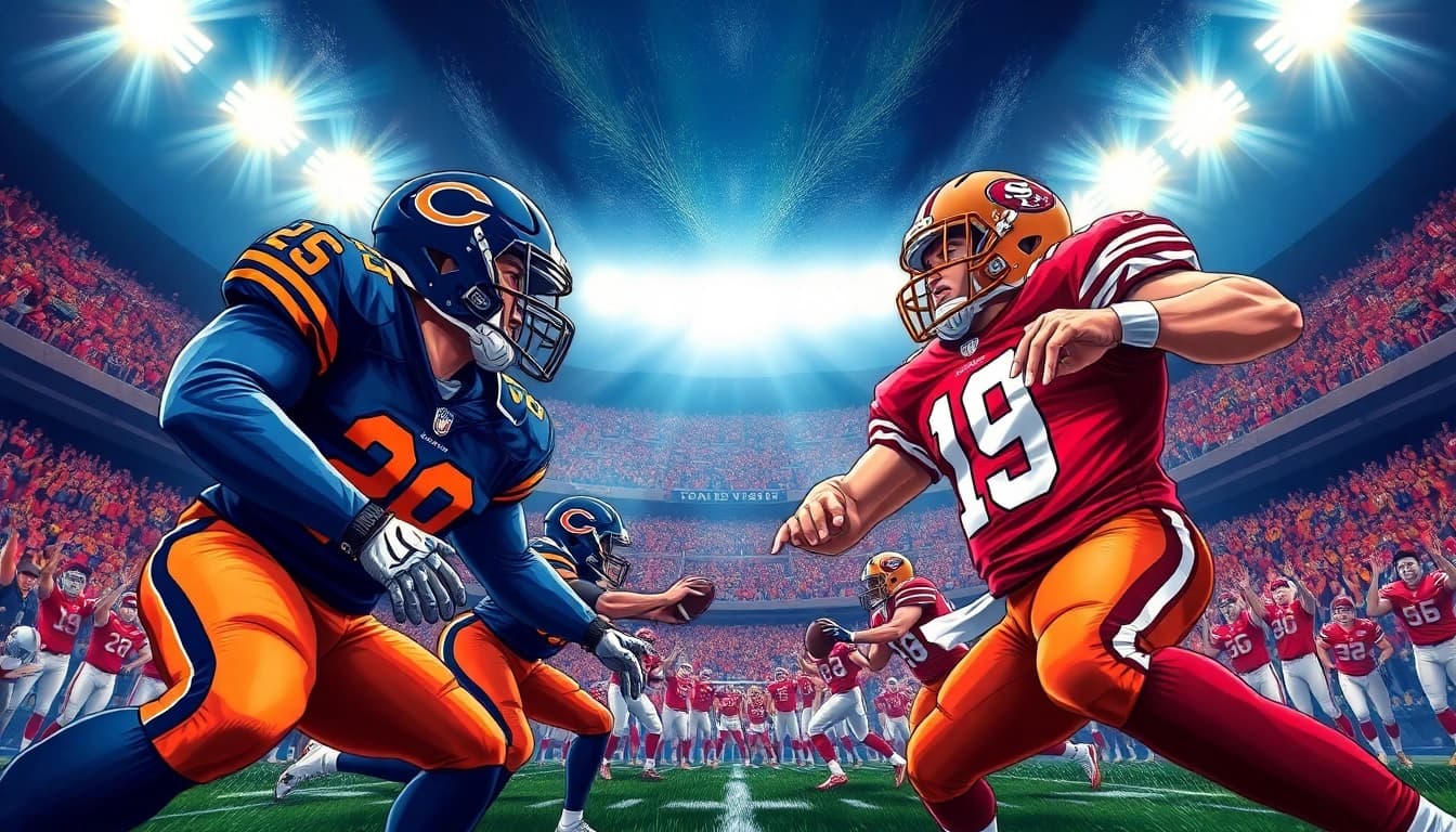 Intense battle showcasing Bears vs 49ers football rivalry in an electrifying atmosphere.