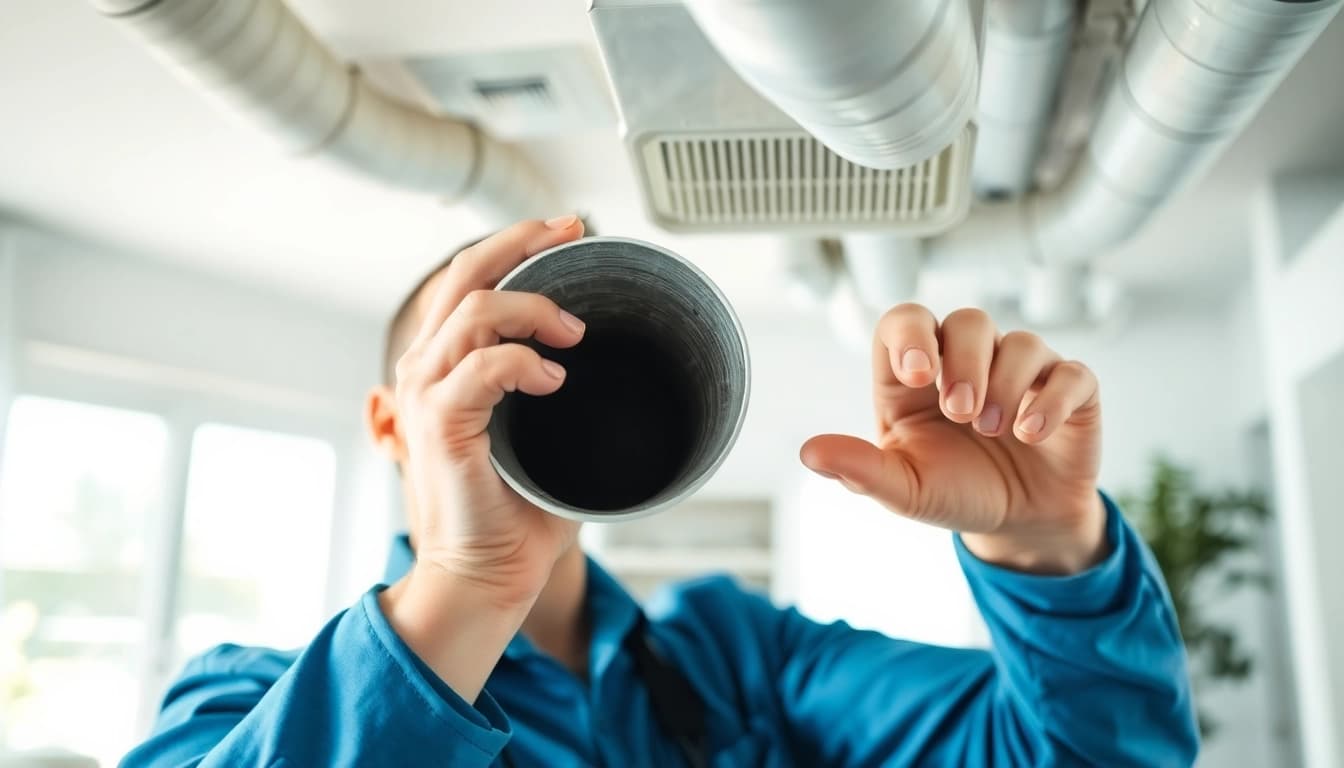 Dust removal during duct cleaning and HVAC inspection showcasing effective airflow assessment.
