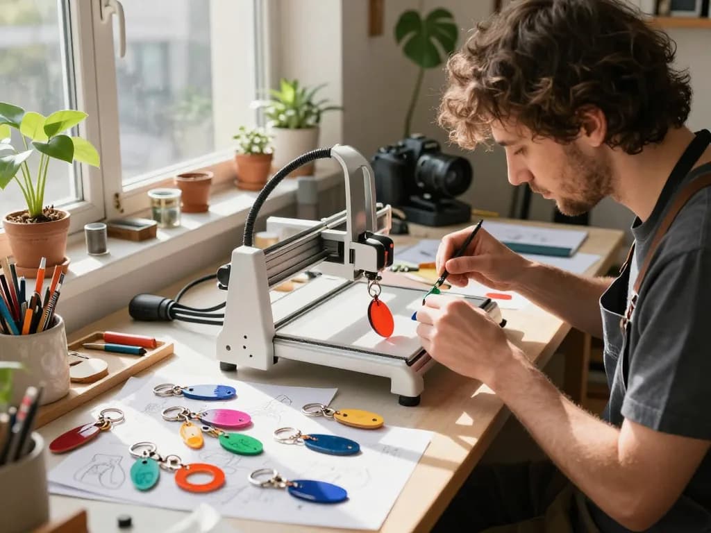 Artisan crafting custom keychains in a bright workshop with colorful samples.