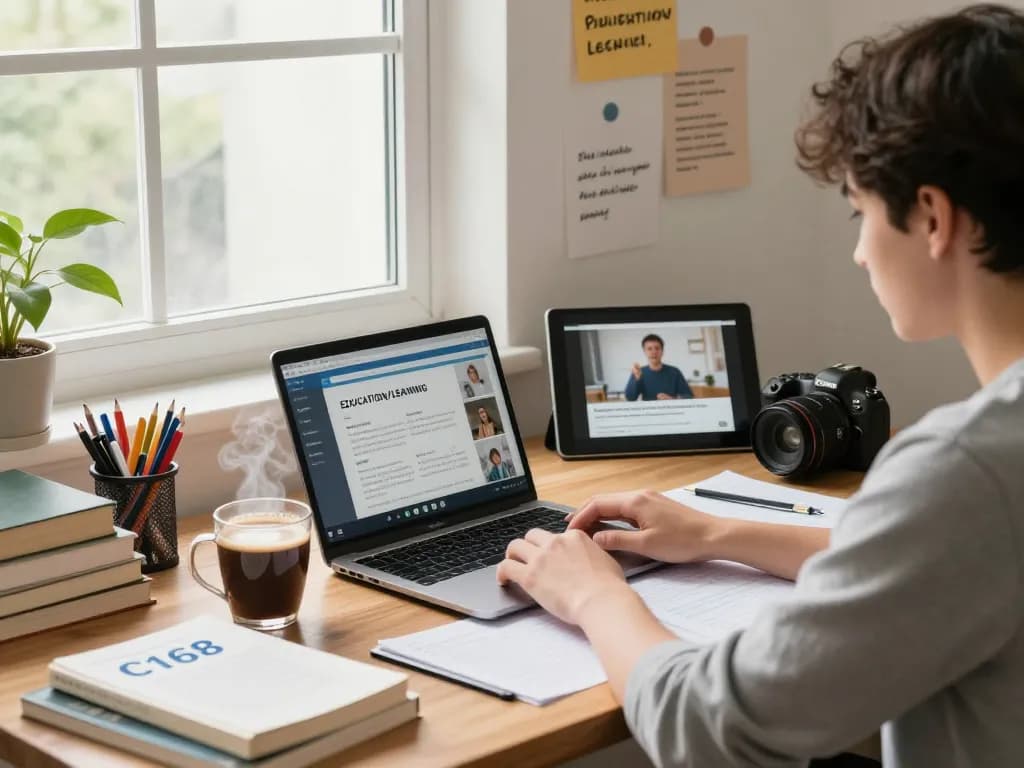Student studying for C168 coursework at home with laptop and notes