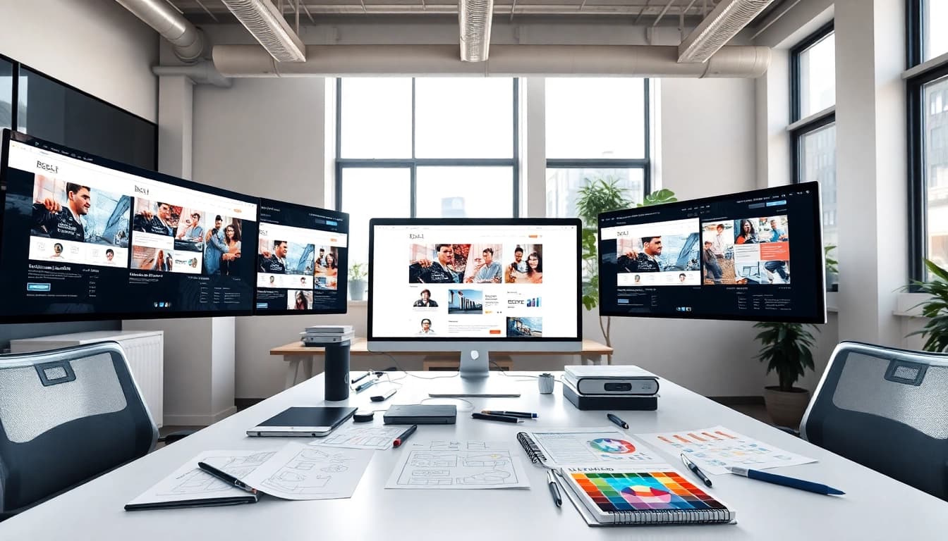 Webdesign Agentur in einem modernen Büro mit kreativen Layouts und dynamischem Team.
