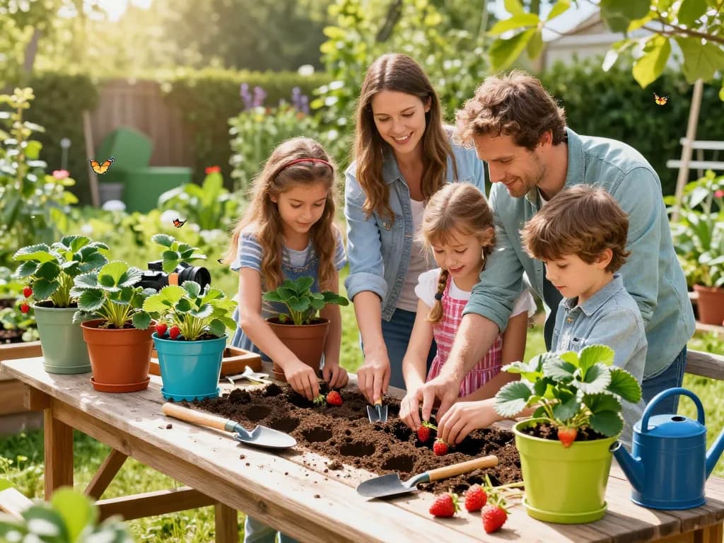 A family joyfully planting aardbeienplanten kopen in their vibrant home garden, surrounded by colorful pots and sunshine.