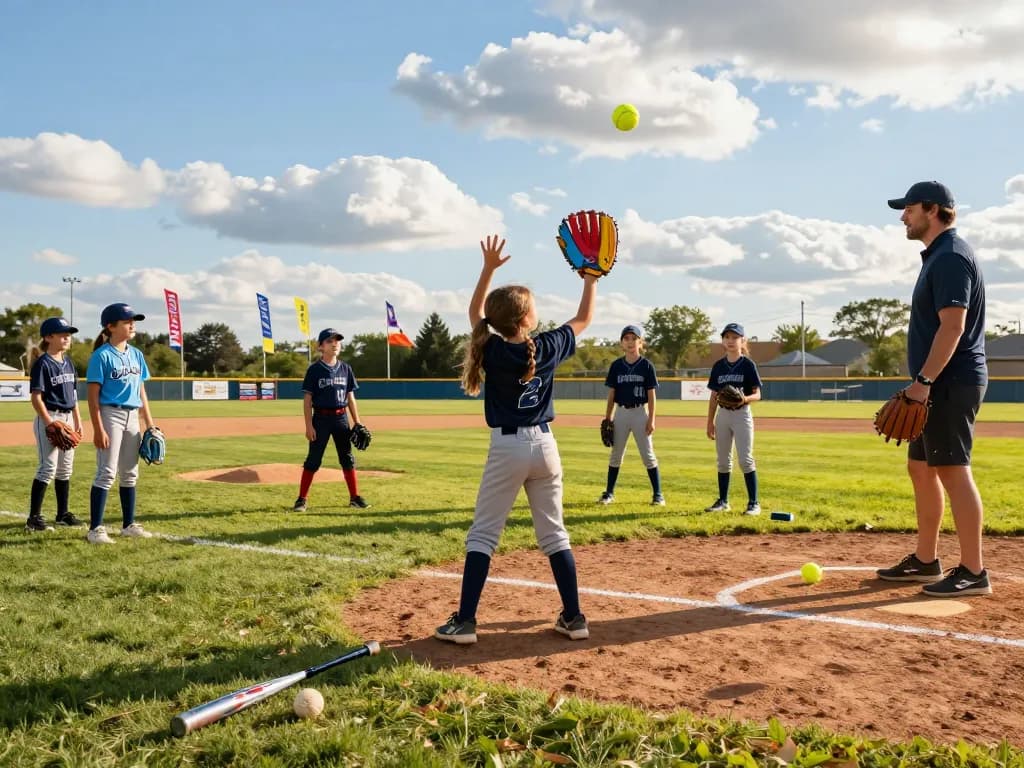 Young players practicing with softball gloves during a vibrant afternoon at a scenic local field.