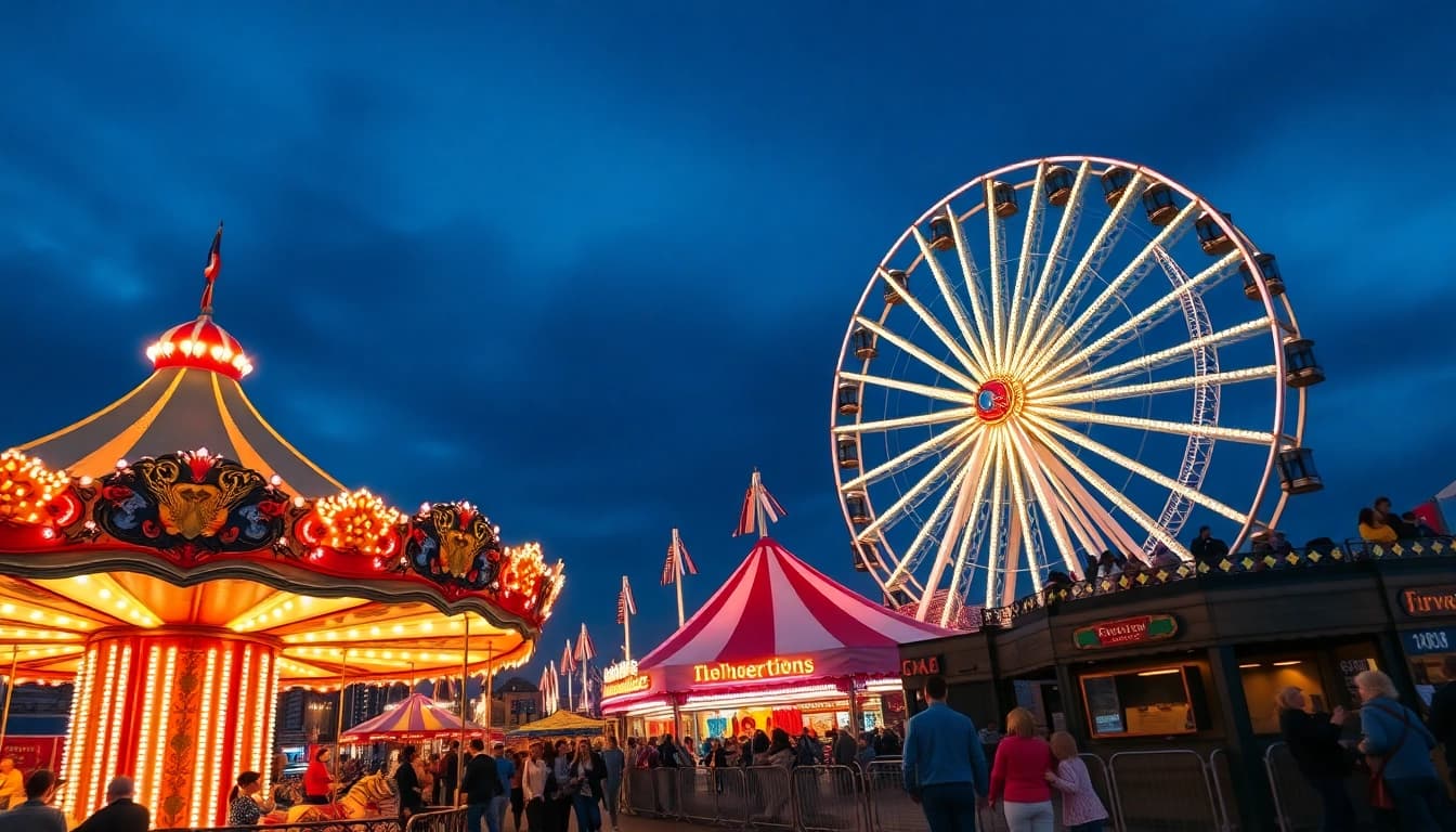 Families enjoying funfair hire Newcastle with colorful attractions and lively atmosphere.