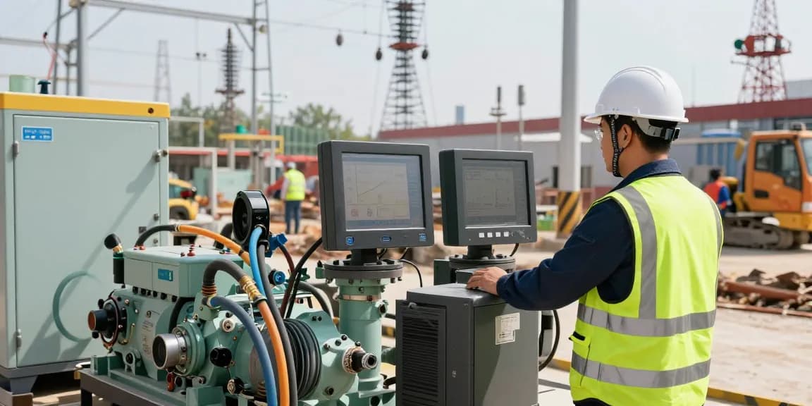 Gas generator operation in construction site setting, showcasing efficient power generation.