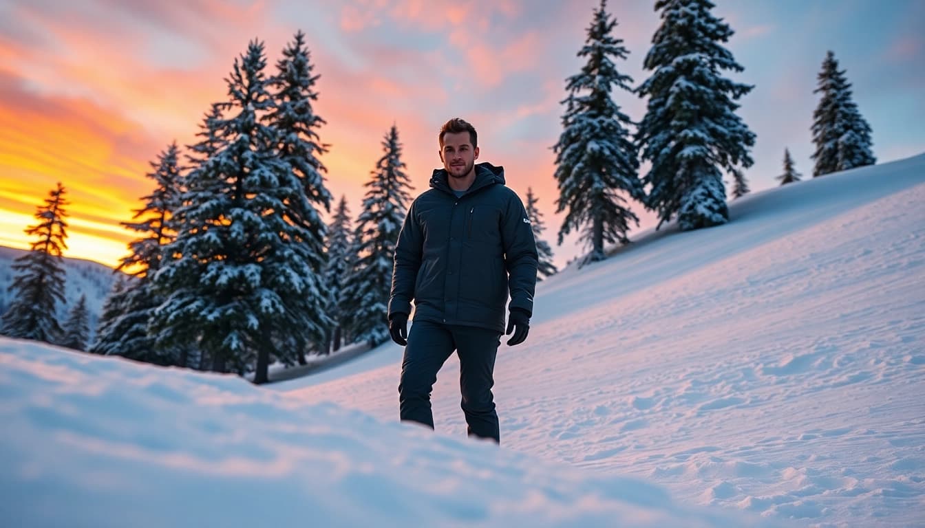 Stylish model showcasing insulated outerwear on a snowy mountain slope with scenic background.