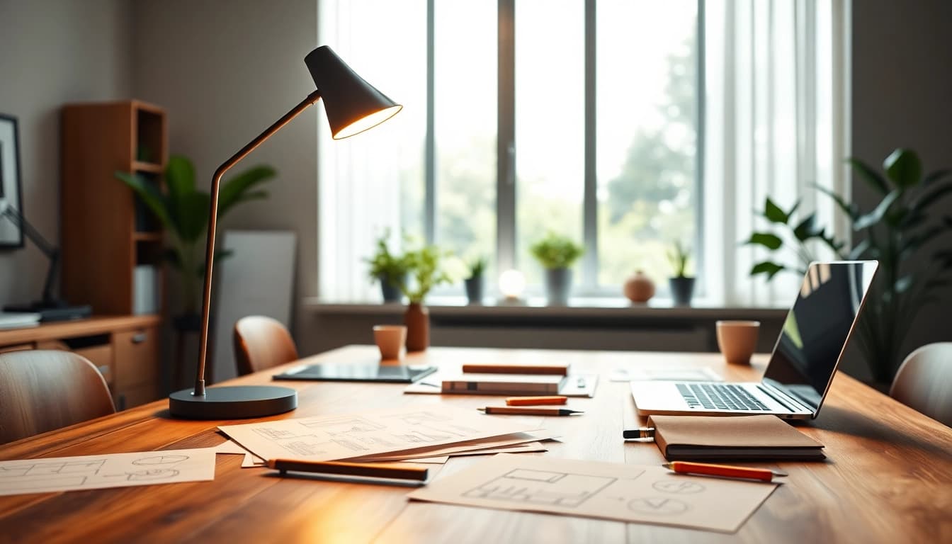 Enhance your workspace with ELC Lamps Online featuring modern design and warm illumination.