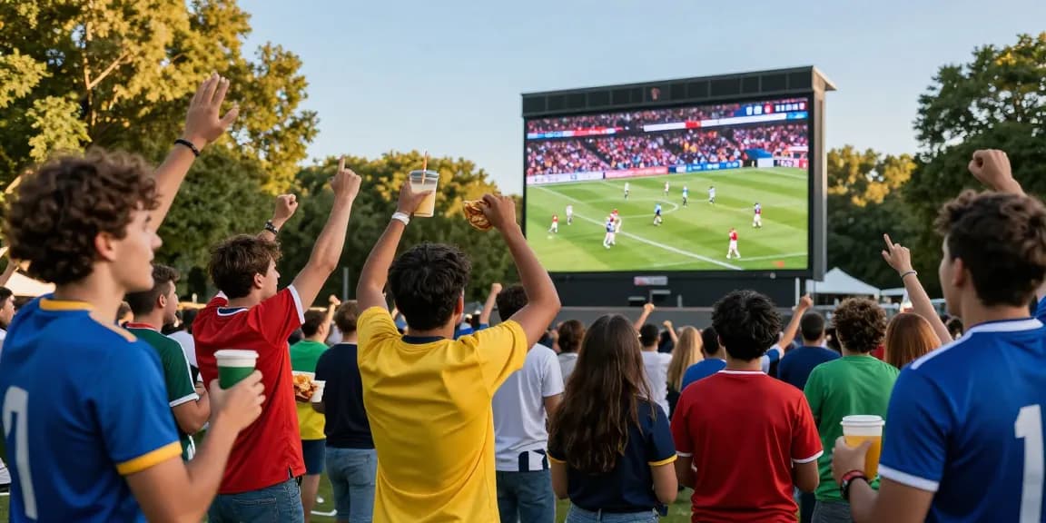 Penggemar live bola merayakan pertandingan sepak bola di taman dengan antusiasme tinggi.