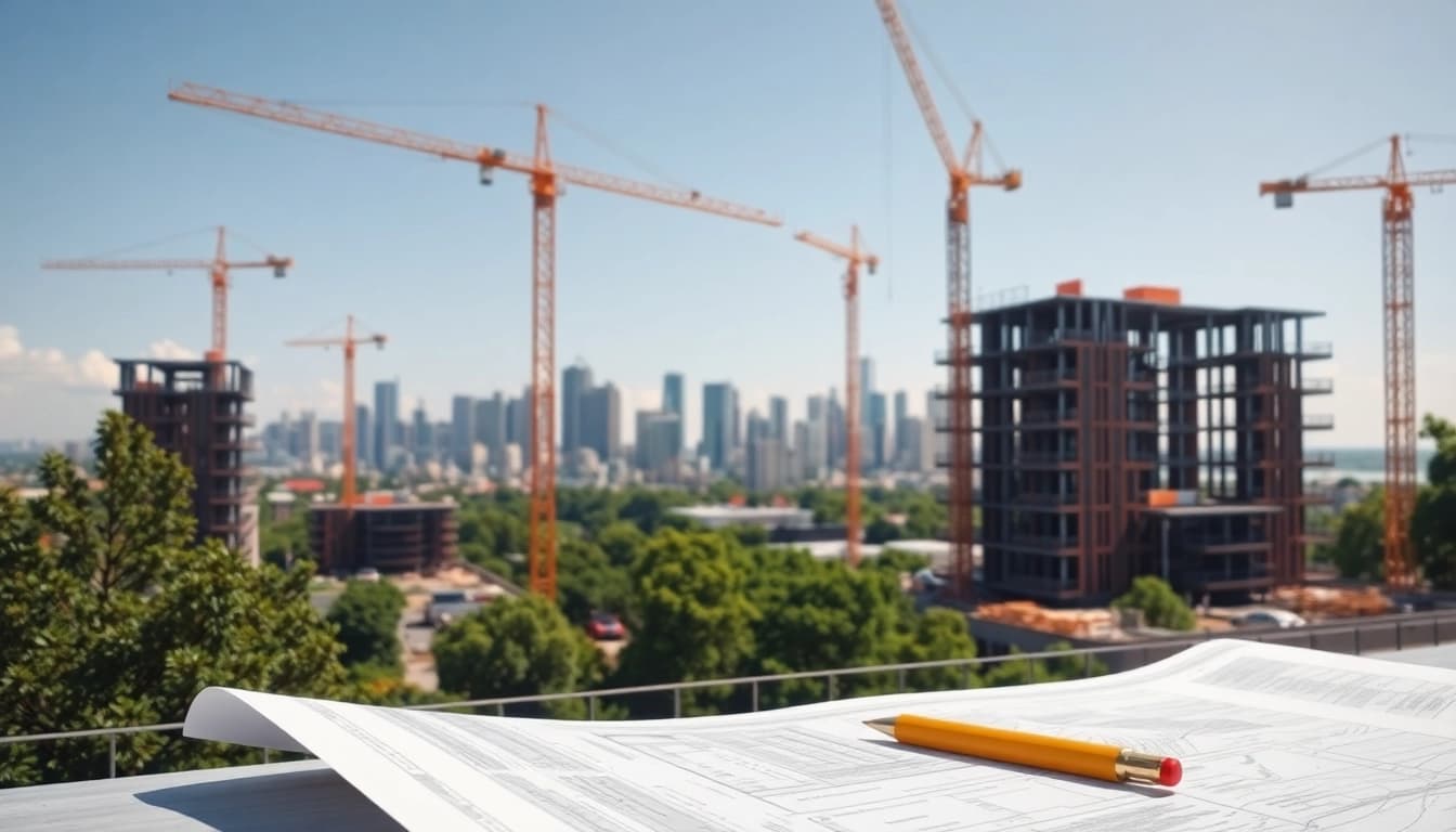Real Estate Development site bustling with activity, featuring cranes and blueprints.