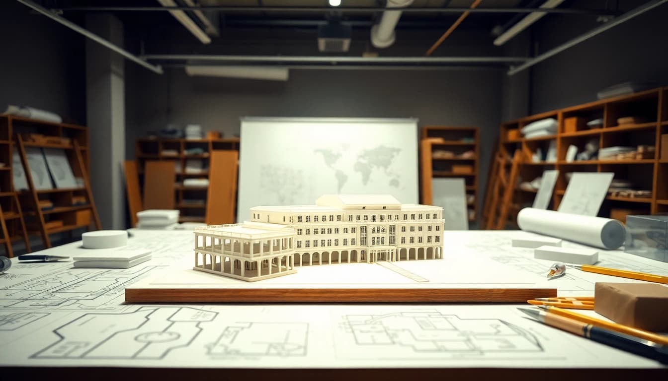 Architekturmodellbau Berlin auf einem professionellen Tisch mit detaillierten Bauwerken.
