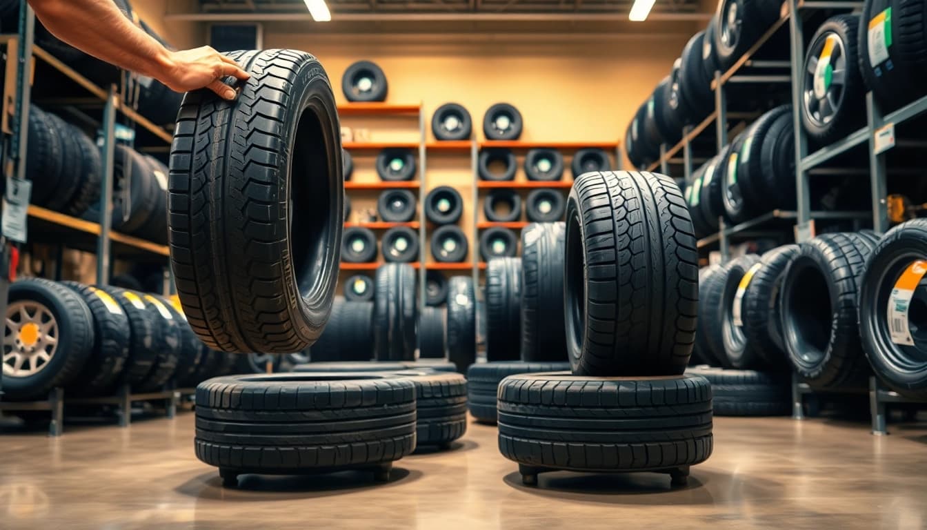 Showcasing quality used tires Nashville with a mechanic inspecting them in a professional tire shop.