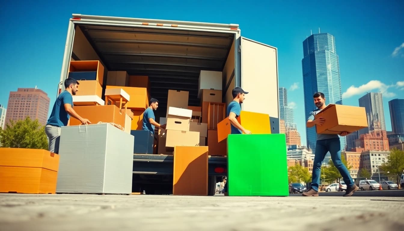 Efficient Boston local movers loading furniture into a truck in a busy urban setting.