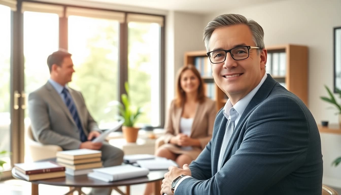 Palm Harbor Divorce Lawyer consulting clients in a welcoming office environment.