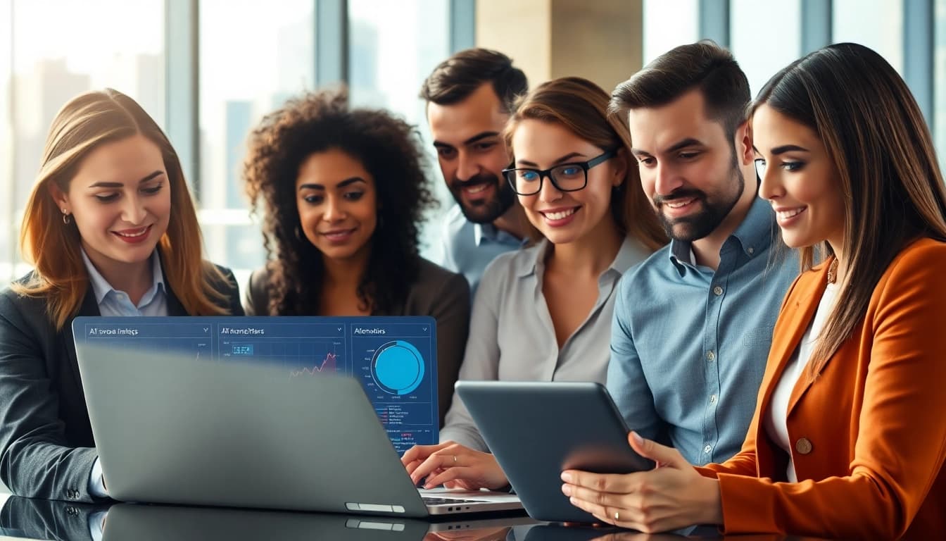 Enhance your AI for competitive intelligence strategies by analyzing data together in a modern office environment