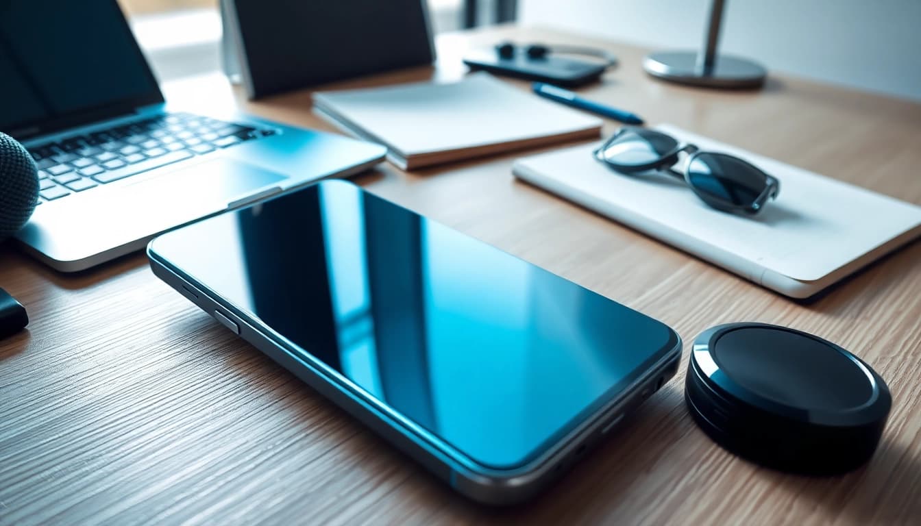 Xiaomi smartphone on a stylish desk with modern tech accessories and a laptop.