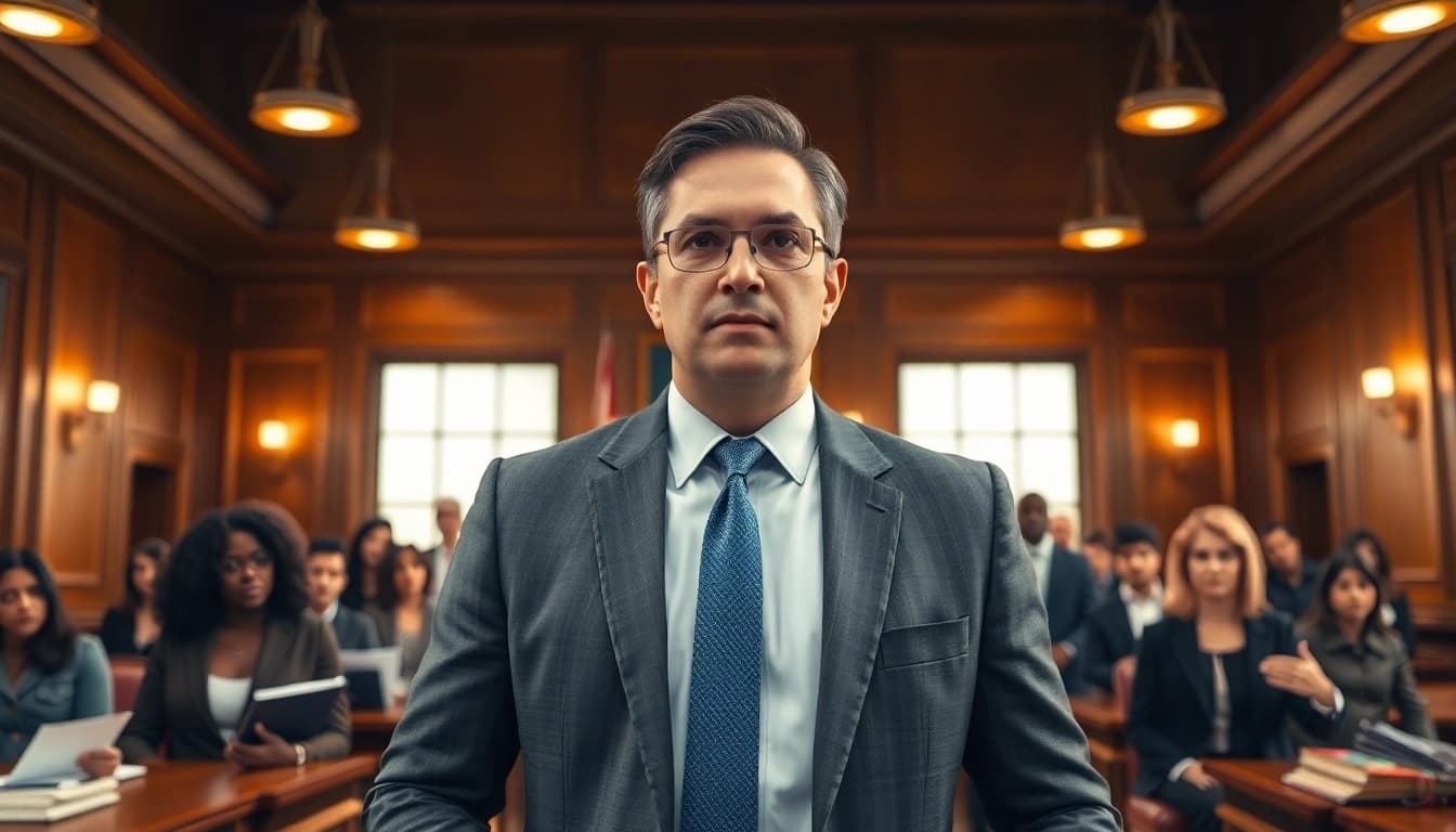 Engaging scene of a professional attorney from https://www.davidhardawaylaw.com addressing a jury in a courtroom.