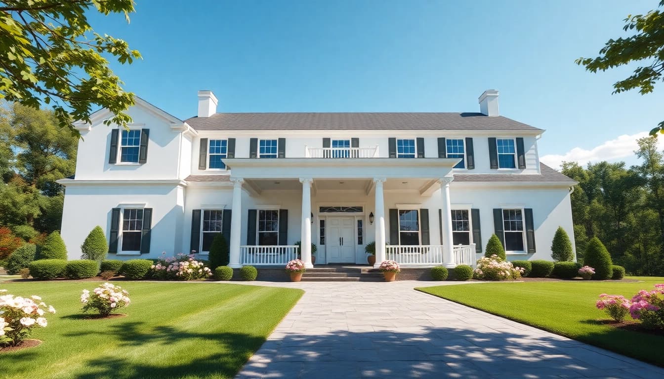 Colonial home new build construction with elegant columns and inviting front porch set in a lush garden.