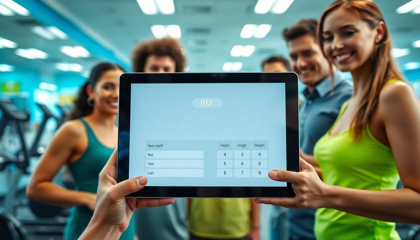 Engage with the bmi calculator in a vibrant health and fitness setting using a digital tablet.