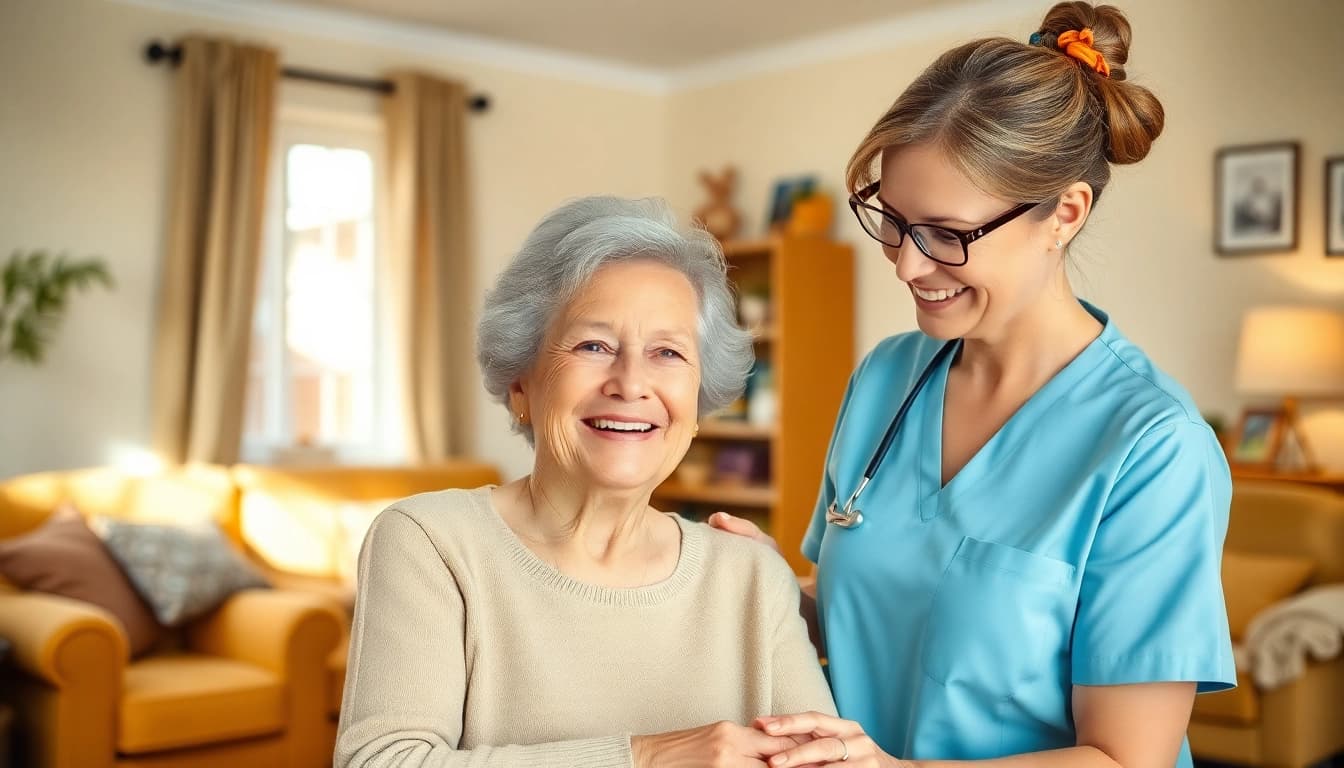 Caregiver assisting elderly person at home, promoting in home care austin tx services.