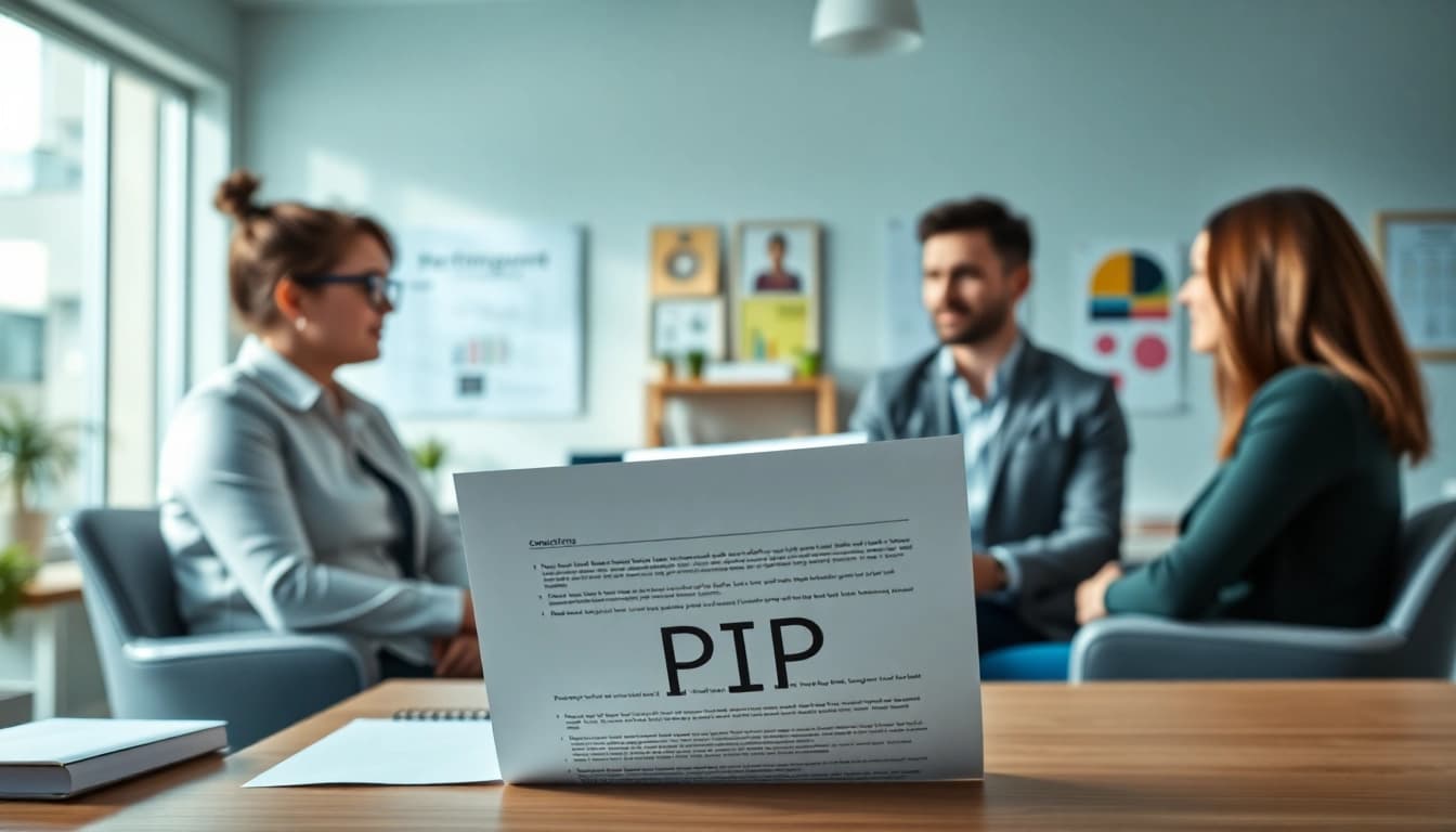 PIP meaning is illustrated with a professional discussion in a bright office about performance improvement plans.