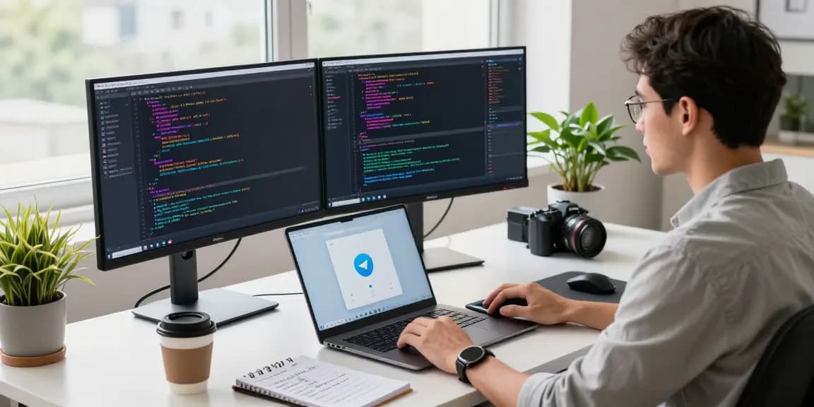 Efficient workspace with developer coding on 纸飞机下载 app, showcasing high-tech gear and productive atmosphere.
