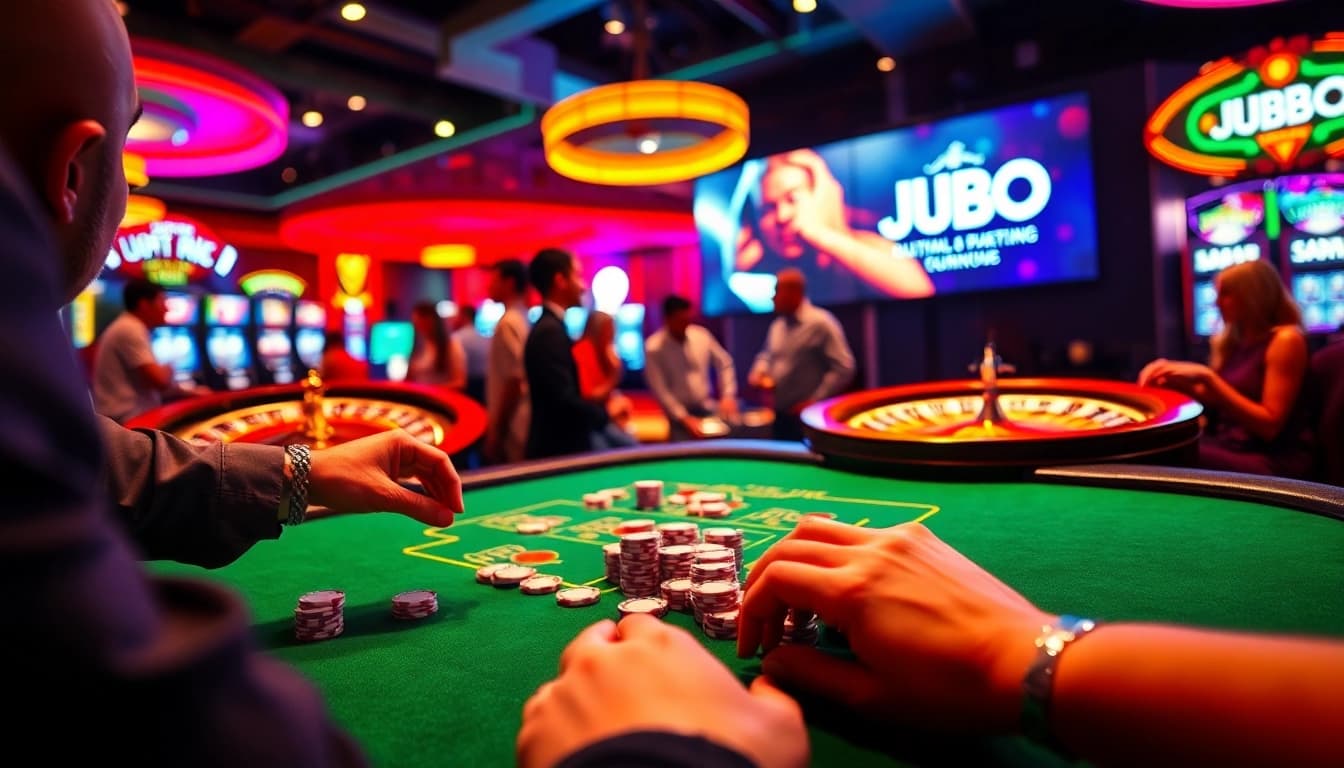 Experience the excitement of JBO at a vibrant casino table with players cheering and chips flying during thrilling games.