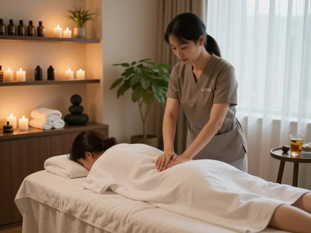 차분한 분위기와 전문 마사지 설정이 있는 논현동마사지 치료를 위한 편안한 스파 룸.