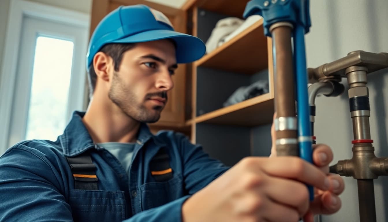 Expert plumbers bristol working on a pipe repair in a cozy home setting.
