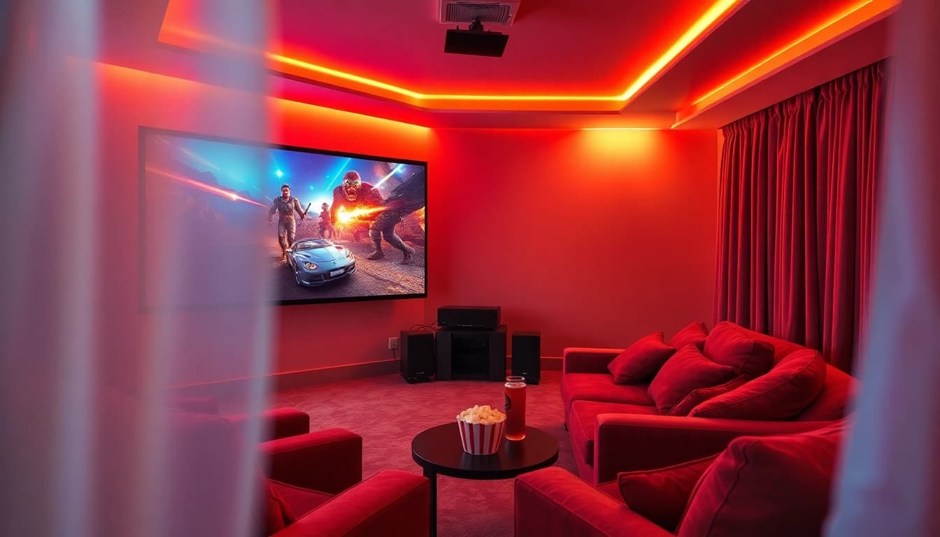 Enjoy ดูหนังออนไลน์ in a cozy home theater with vibrant film scenes.