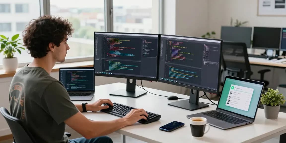Professional programmer coding with WhatsApp下載 interface on screens in modern office.
