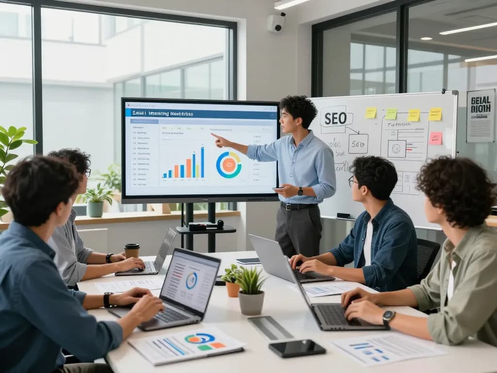 SEO specialists collaborating on New York SEO Services strategies in a modern office.