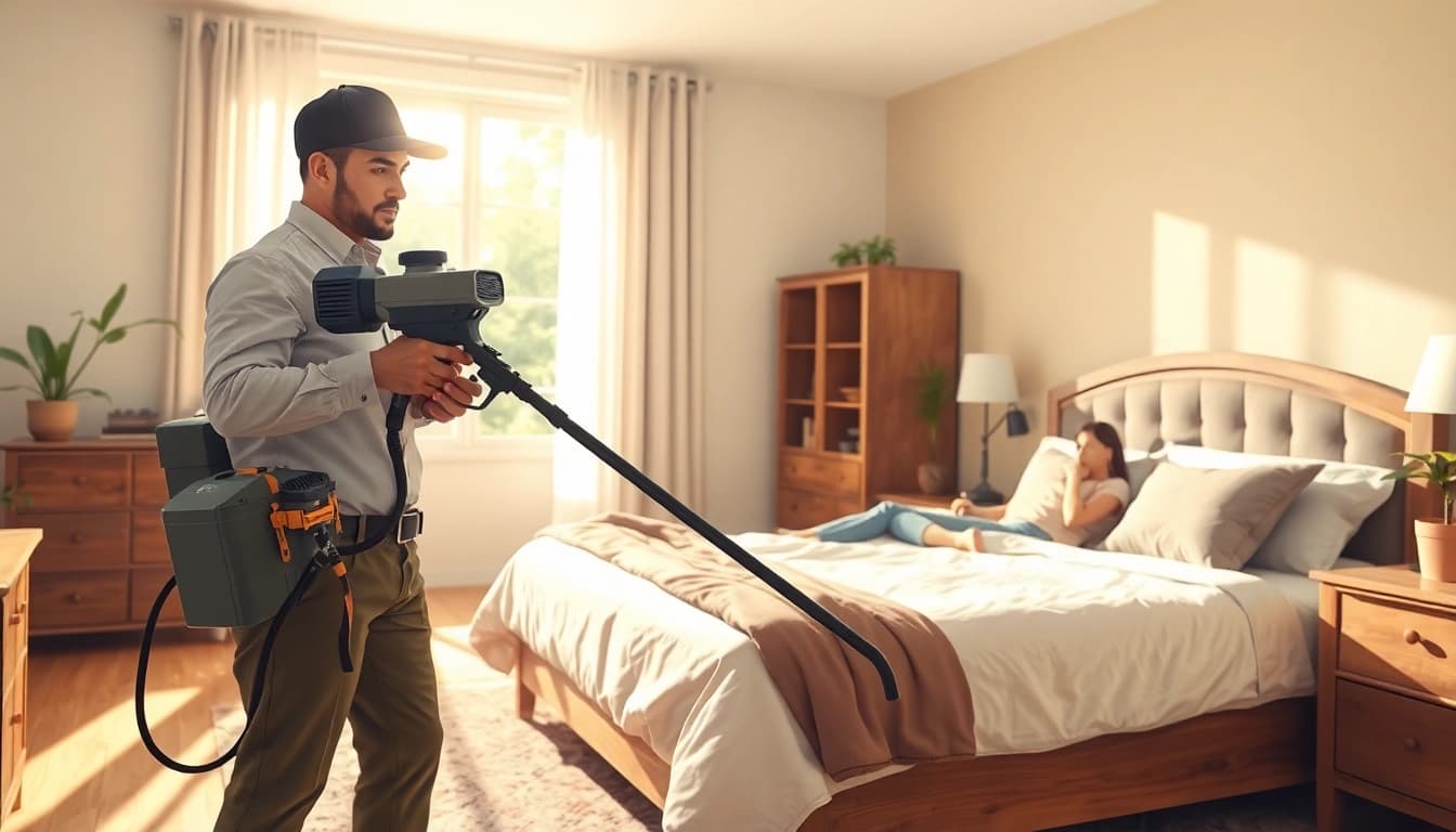 Professional bed bug exterminator treating a bedroom for pests effectively and safely.