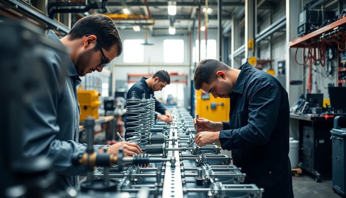 Gas Spring Manufacturer assembling precision components in a modern factory environment.