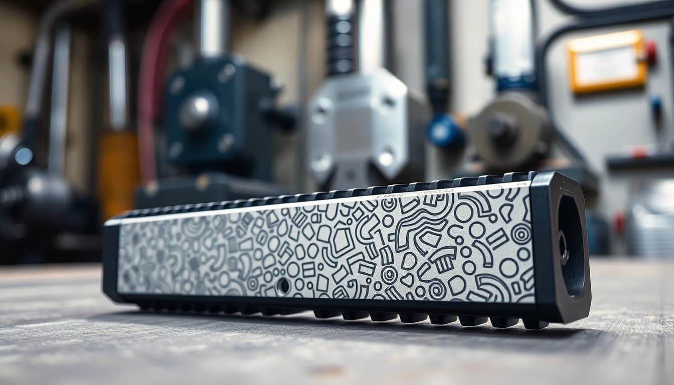 Showcasing a detailed glock slide with precision craftsmanship and features in a workshop.