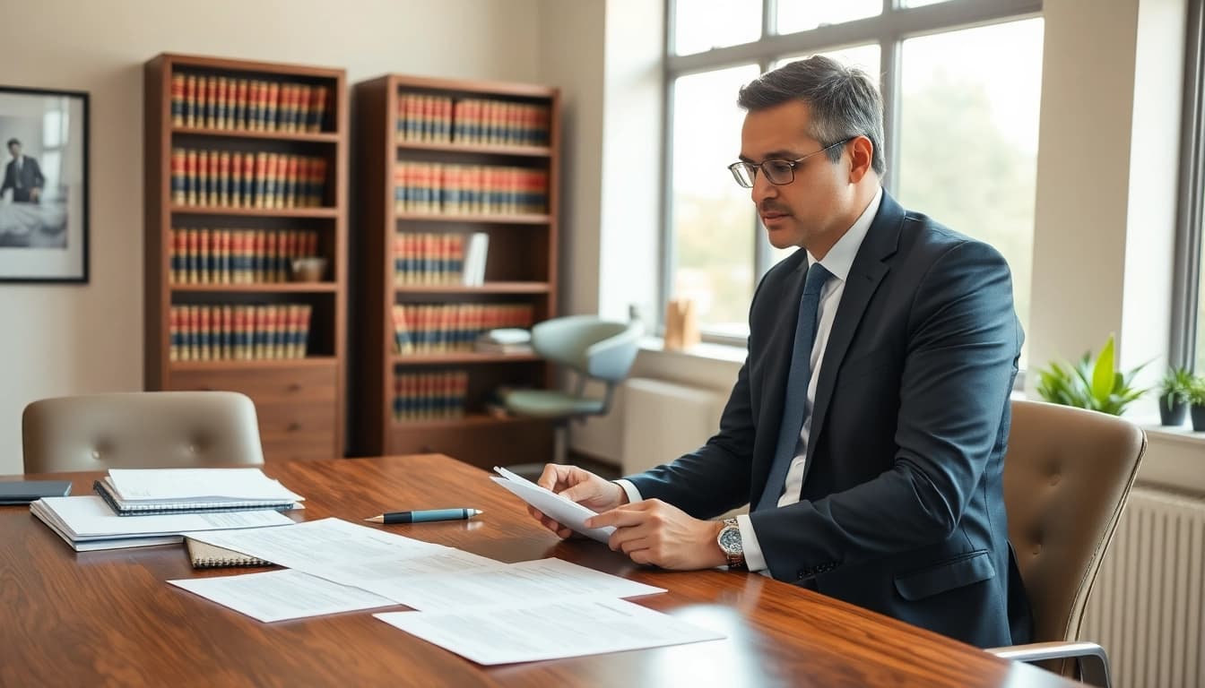 Asheville criminal defense lawyer advising a client in a modern legal office setting.