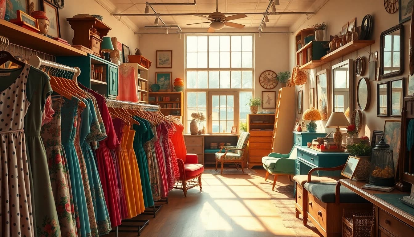 Browse unique vintage styles at https://thrift-vintage.com showcasing a cozy thrift shop interior.