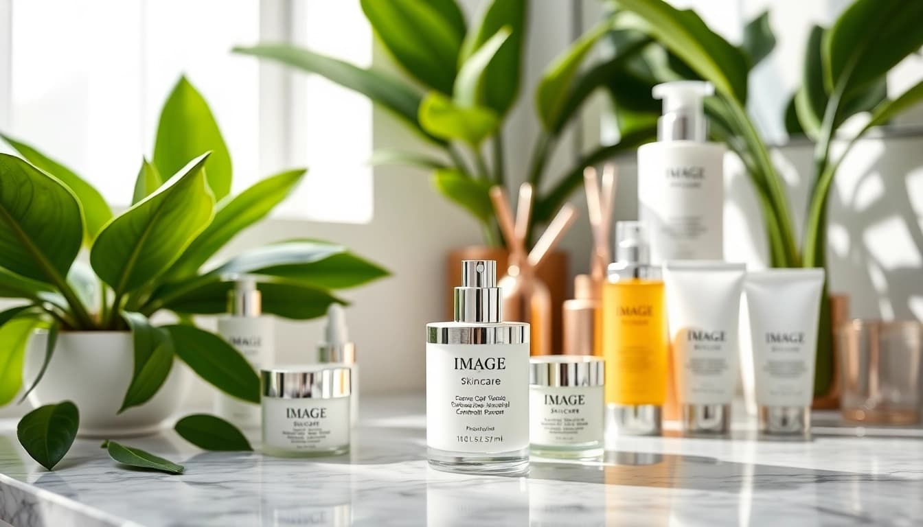 IMAGE Skincare online kaufen: Holistic view of IMAGE skincare products beautifully arranged with vibrant greenery.