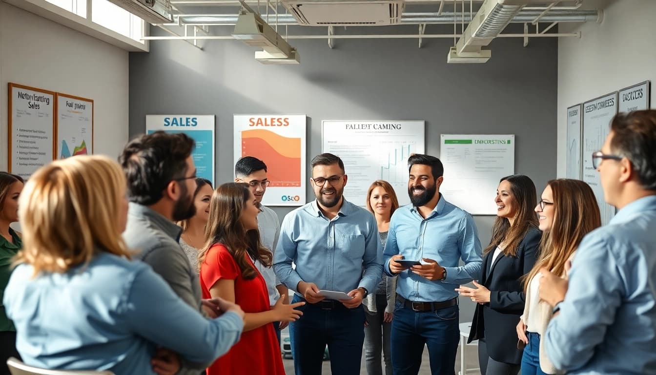 Engaged team during sales training session in a modern office, enhancing skills and teamwork.