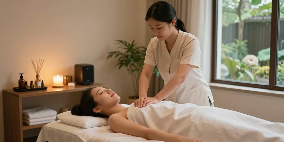 스웨디시 마사지 테크닉을 이용하여 편안하게 마사지를 받는 고객의 모습, 아로마 오일과 식물로 꾸며진 힐링 스파 환경