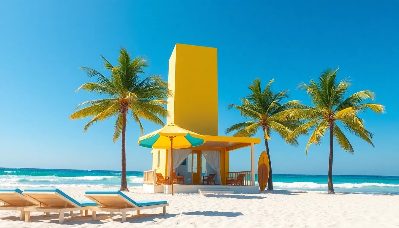 Relax at a beautiful coastal cabana by the serene beachside, surrounded by palm trees.
