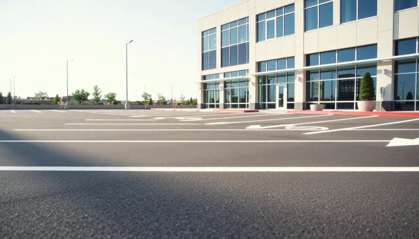 Promoting Parking lot striping Pearl MS with newly painted lines in a well-organized parking lot.
