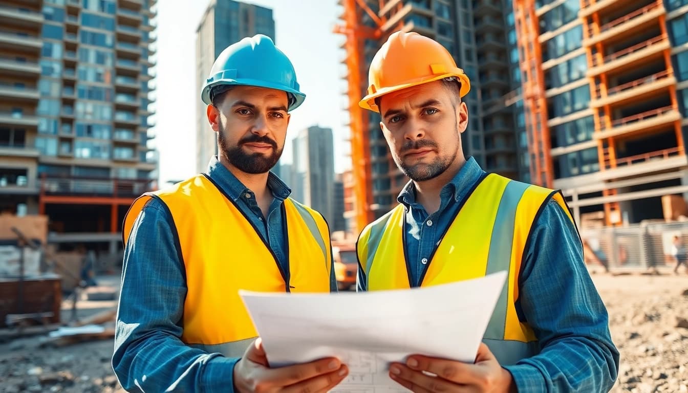 Commercial building developer inspecting blueprints at a bustling construction site.