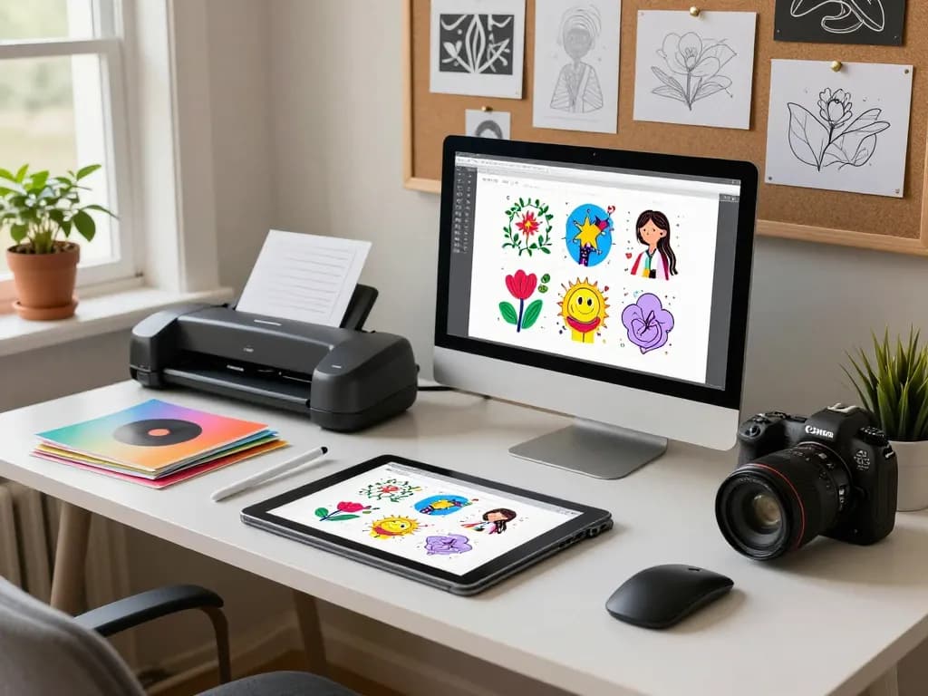 Artist designing unique Svg files in a cozy home studio with digital tools and vibrant craft materials.